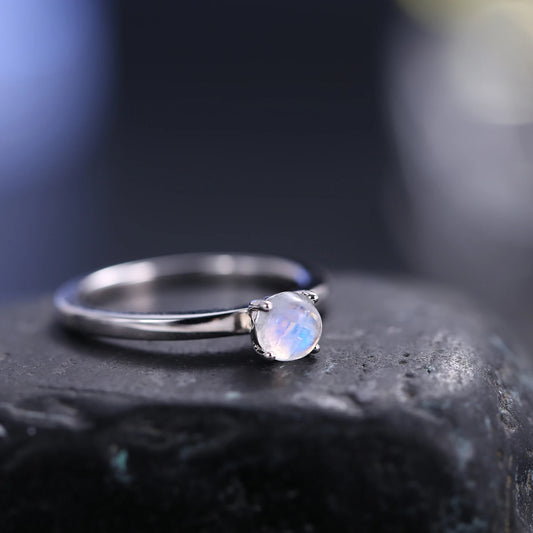 Natural Rainbow Moonstone Solitaire 925 Sterling Silver Ring