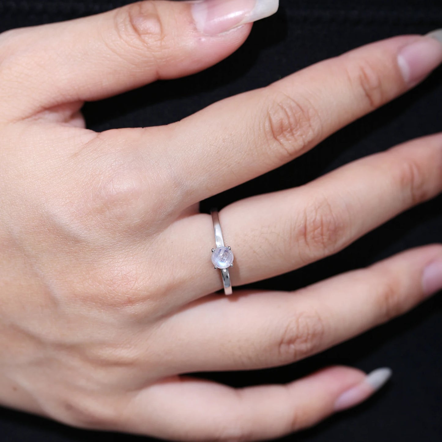 GEM'S BALLET  June Birthstone 5mm Natural Rainbow Moonstone Solitaire  Engagement Rings 925 Sterling Silver Promise Ring