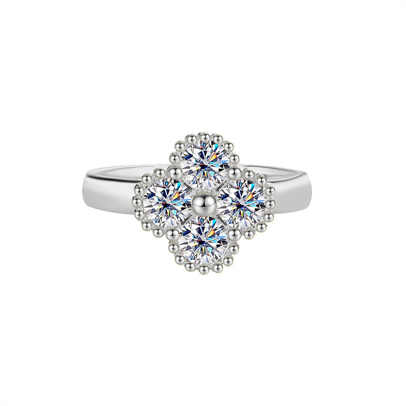 S925 Sterling Silver Four Leaf Clover Moissanite Ring