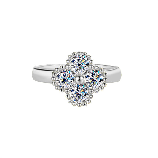 S925 Sterling Silver Four Leaf Clover Moissanite Ring