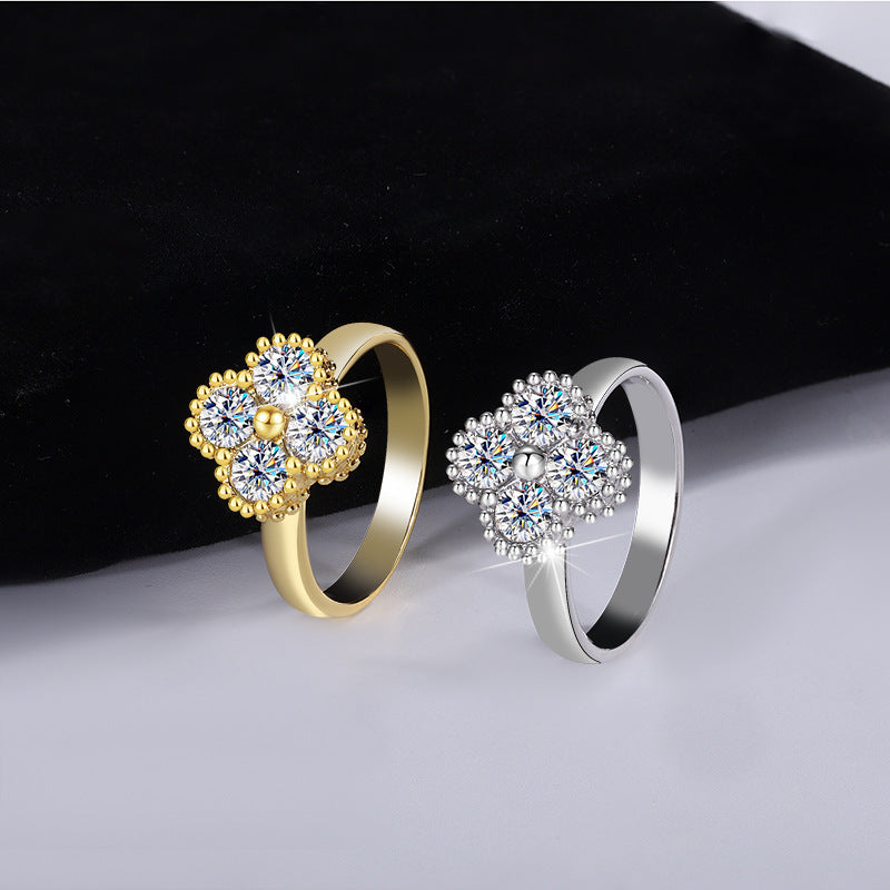 S925 Sterling Silver Four Leaf Clover Moissanite Ring