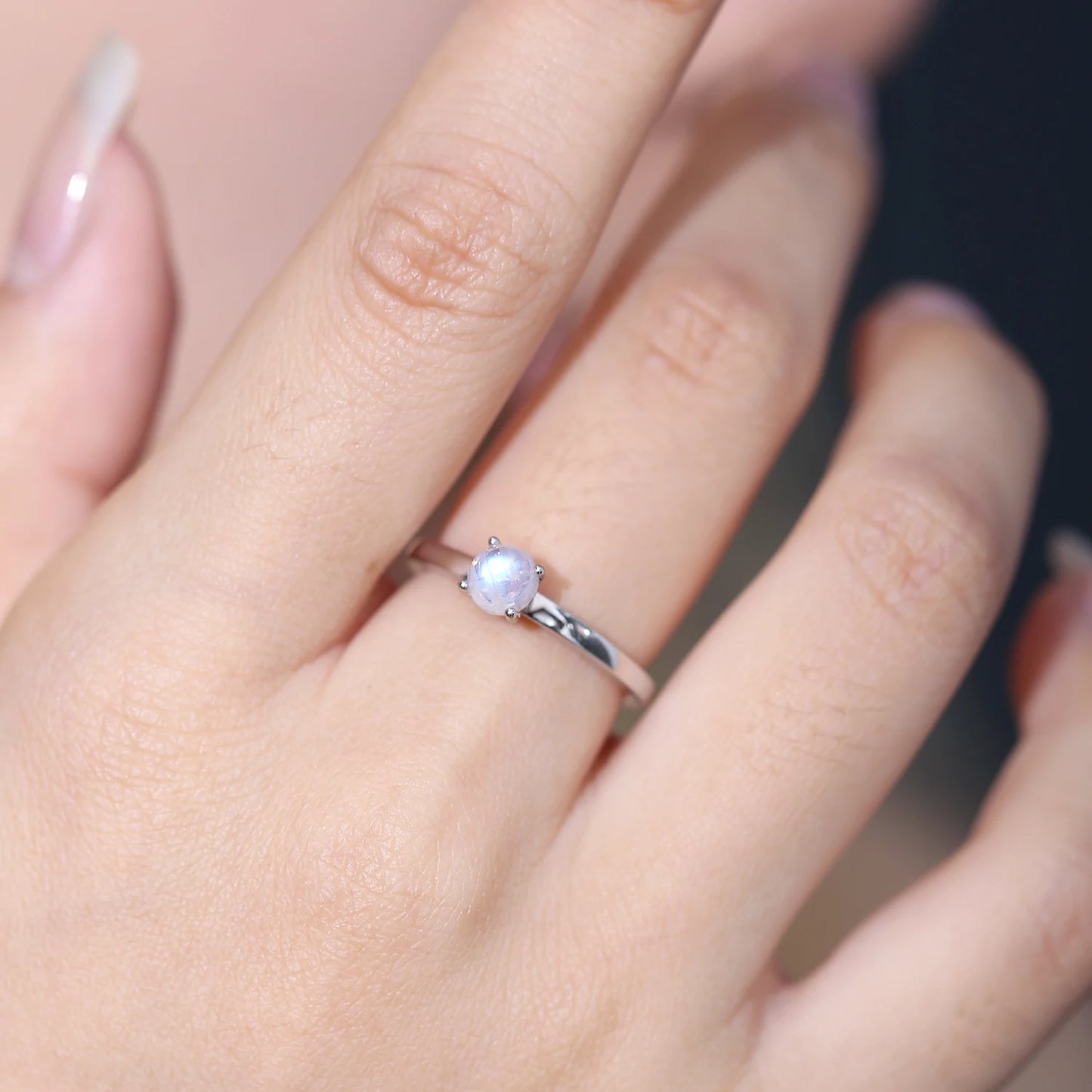 GEM'S BALLET  June Birthstone 5mm Natural Rainbow Moonstone Solitaire  Engagement Rings 925 Sterling Silver Promise Ring
