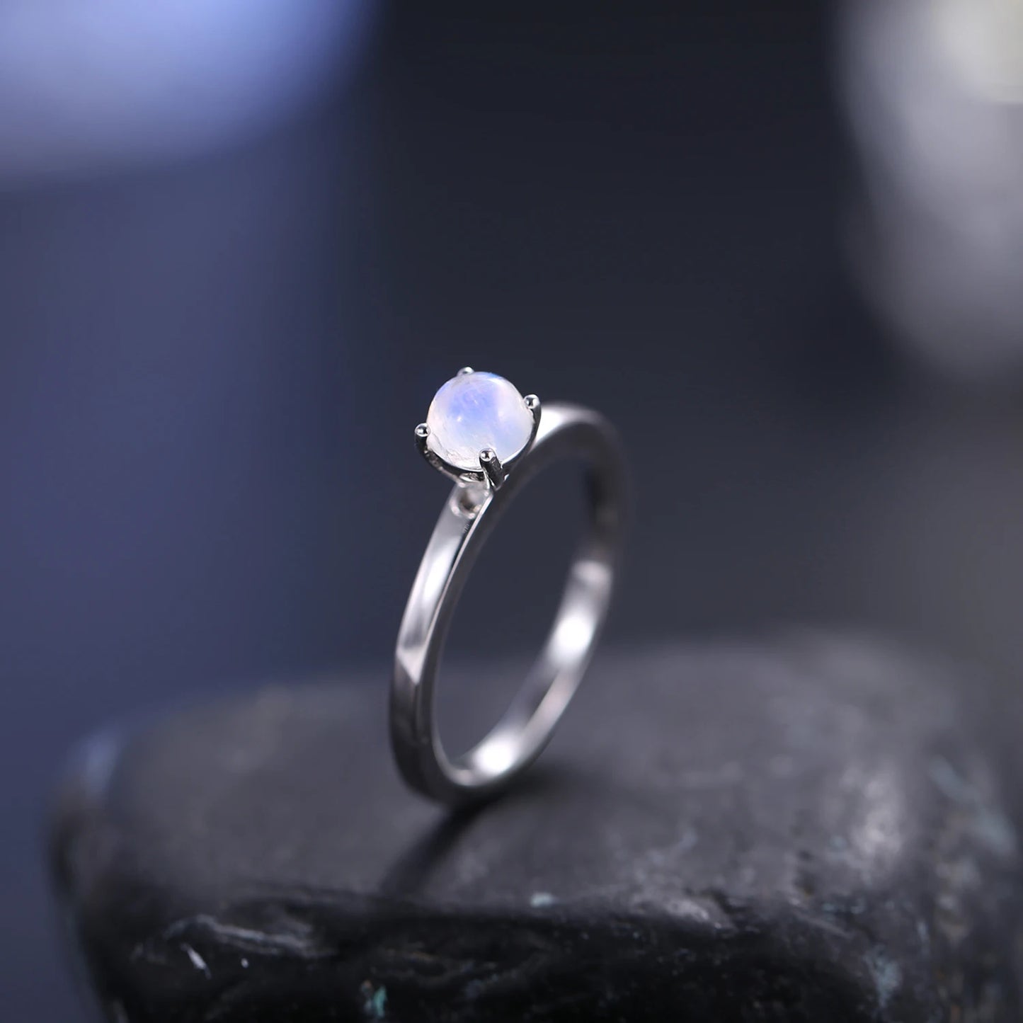 GEM'S BALLET  June Birthstone 5mm Natural Rainbow Moonstone Solitaire  Engagement Rings 925 Sterling Silver Promise Ring