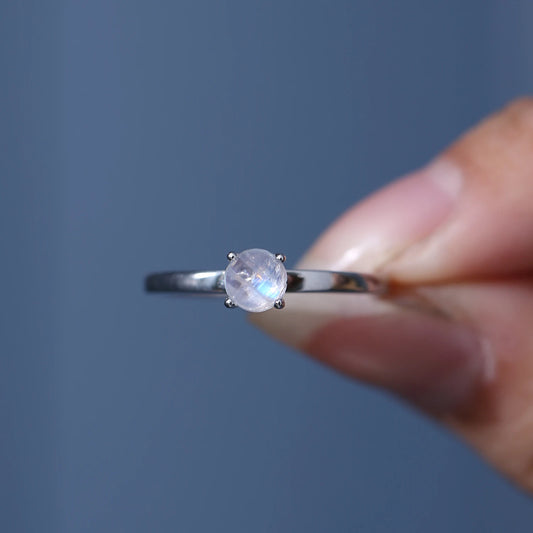 Natural Rainbow Moonstone Solitaire 925 Sterling Silver Ring